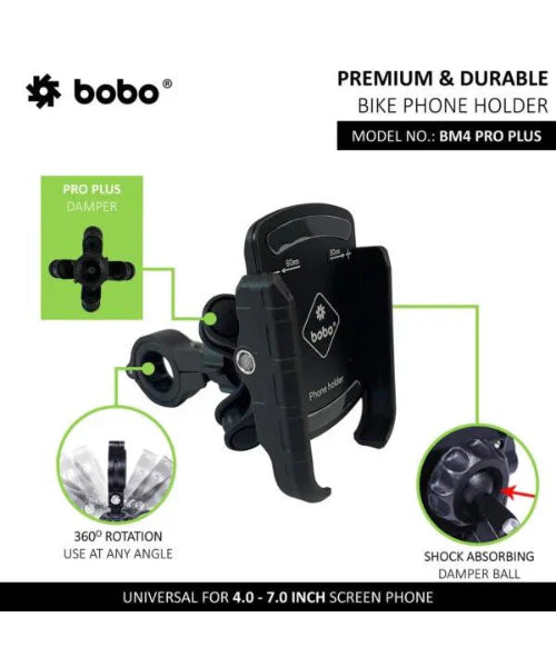 BOBO BM4 PRO PLUS Jaw-Grip Bike Phone Holder with PRO PLUS Vibration Damper Motorcycle Mobile Mount - Black