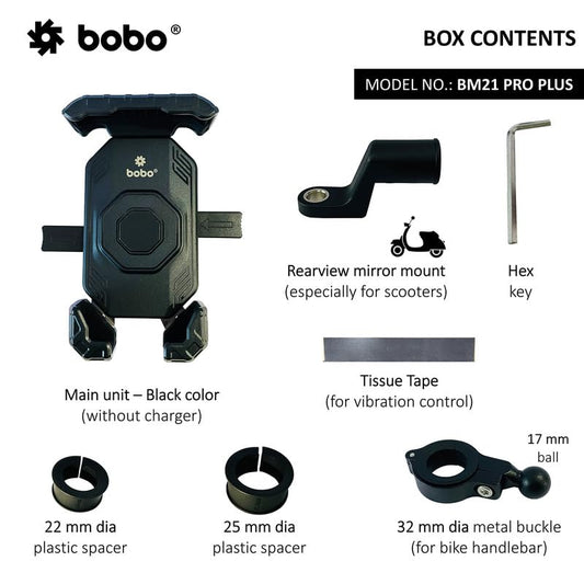 BOBO BM20 PRO Plus Four Corners Secure Grip with PRO Plus Vibration Damper Waterproof Bike/Motorcycle/Scooter Mobile Phone Holder Mount Ideal for Maps and GPS Navigation (Black)