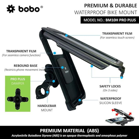 BOBO BM10H PRO Plus Handlebar Mount with PRO Plus Vibration Damper, Fully Waterproof Bike/Motorcycle/Scooter Mobile Phone Holder Mount, Ideal for Maps and GPS Navigation (Black)