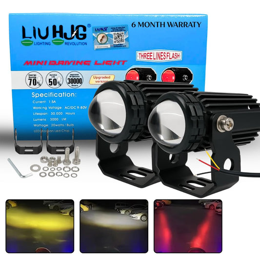 LIU HJG Mini Drive V3 LED Fog Light Yellow/White with Flashing Red Devil Eye DRL | Compact Design | Universal Fit for Bike & Car | Waterproof | High Brightness | 40W | 9V–80V Pack of 2