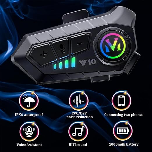 Y10 Motorcycle Helmet Bluetooth Headset, Wireless Headphones 5.3 Waterproof IPX6 with Noise Cancelling for Single Person
