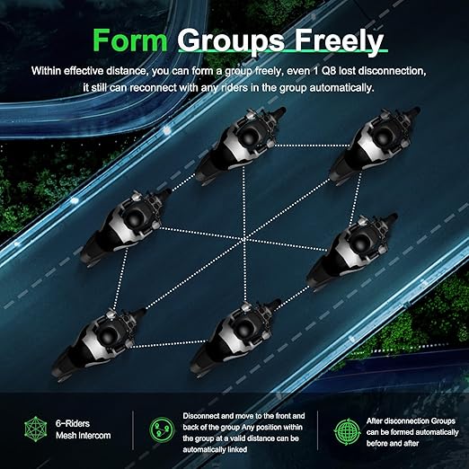 EJEAS Q8 Motorcycle Helmet Over Ear Bluetooth Headphones Intercom, New Mesh 3.0 Group Intercom System with Music Sharing and Channel Switching for 6 Riders Talking at The Same Time