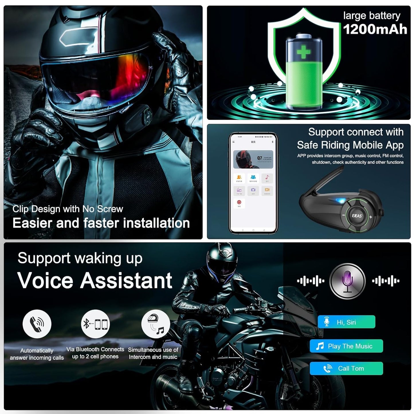 EJEAS Q8 Motorcycle Helmet Over Ear Bluetooth Headphones Intercom, New Mesh 3.0 Group Intercom System with Music Sharing and Channel Switching for 6 Riders Talking at The Same Time