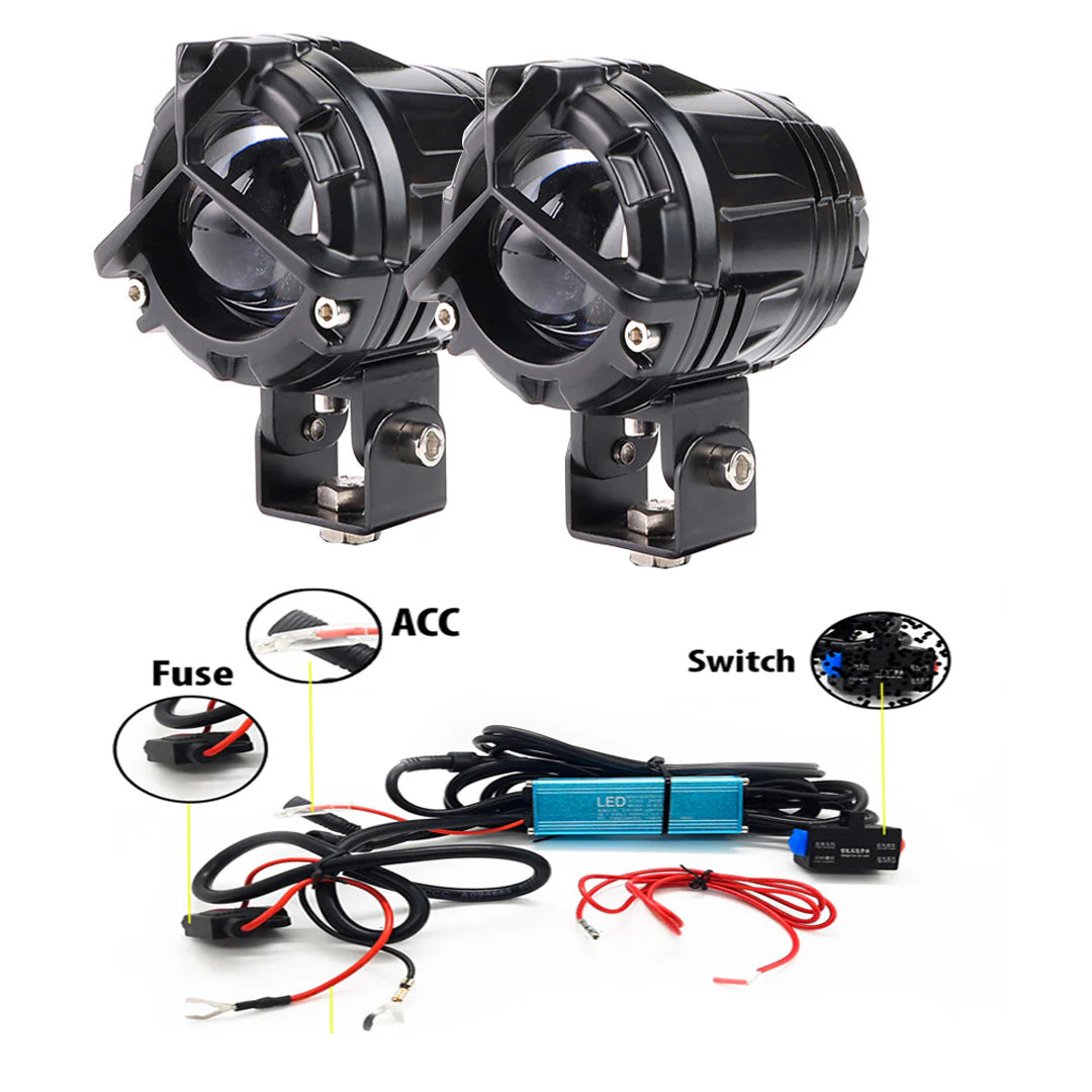 LIU HJG Mercedes Y-Lens Ultra-Wide LED Fog Lights (White/Yellow) | Pair with Wiring Harness & Switch for Car & Bike