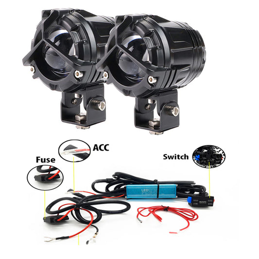 LIU HJG Mercedes Y-Lens Ultra-Wide LED Fog Lights (White/Yellow) | Pair with Wiring Harness & Switch for Car & Bike