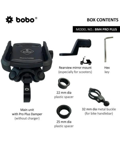 BOBO BM4 PRO PLUS Jaw-Grip Bike Phone Holder with PRO PLUS Vibration Damper Motorcycle Mobile Mount - Black