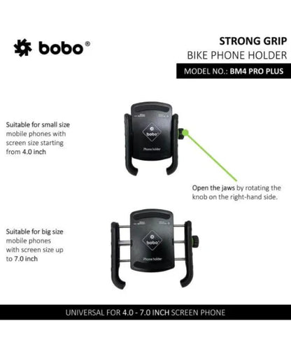 BOBO BM4 PRO PLUS Jaw-Grip Bike Phone Holder with PRO PLUS Vibration Damper Motorcycle Mobile Mount - Black