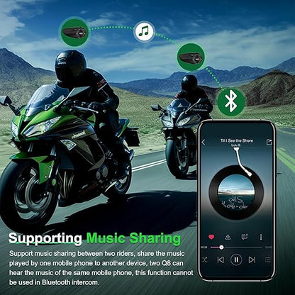 EJEAS Q8 Motorcycle Helmet Over Ear Bluetooth Headphones Intercom, New Mesh 3.0 Group Intercom System with Music Sharing and Channel Switching for 6 Riders Talking at The Same Time