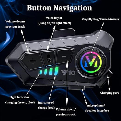 Y10 Motorcycle Helmet Bluetooth Headset, Wireless Headphones 5.3 Waterproof IPX6 with Noise Cancelling for Single Person