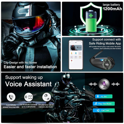 EJEAS Q8 Motorcycle Helmet Over Ear Bluetooth Headphones Intercom, New Mesh 3.0 Group Intercom System with Music Sharing and Channel Switching for 6 Riders Talking at The Same Time