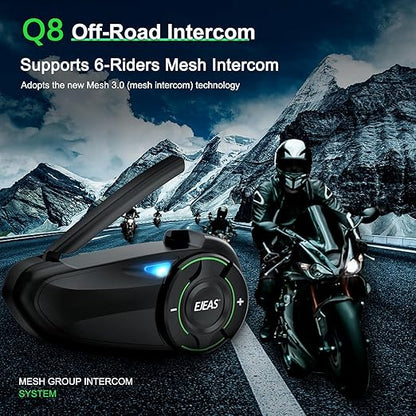 EJEAS Q8 Motorcycle Helmet Over Ear Bluetooth Headphones Intercom, New Mesh 3.0 Group Intercom System with Music Sharing and Channel Switching for 6 Riders Talking at The Same Time