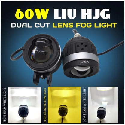 HJG P49 124 Dual Lens 120W Foglight New Model with Power Adaptor Foglight Ultra Wide Dual Intensity LED Driving Fog Lights White/Yellow (2*60W = 120W Total) Universal For All Cars & Bikes
